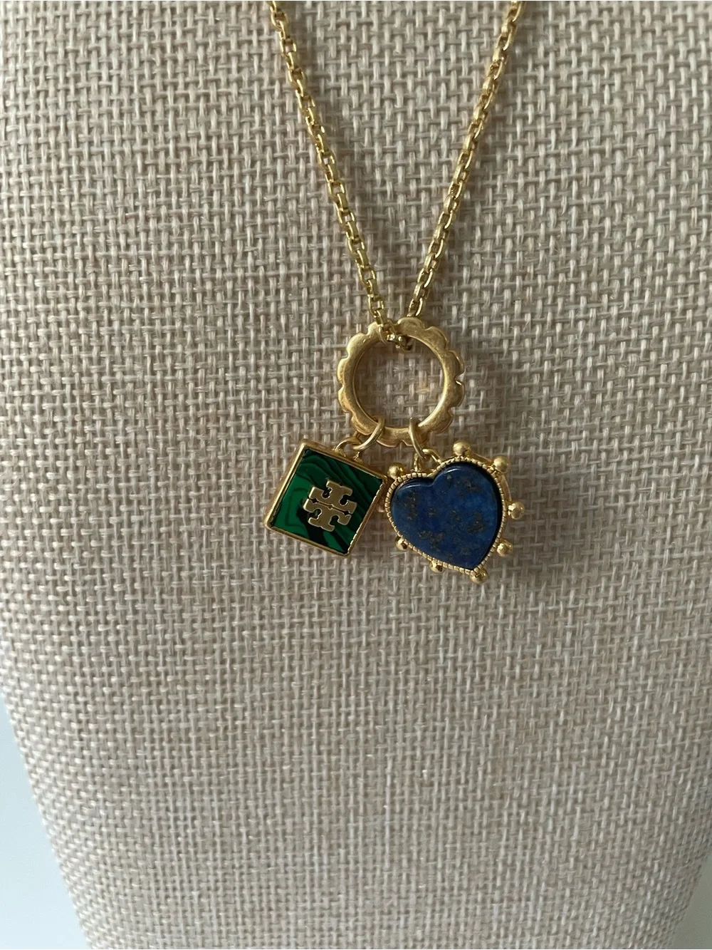 Tory Burch Gold Necklace with Blue Heart and Green Enamel Square Charms